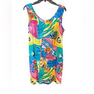 Bindi Sz L Vintage Hawaiian Vibrant Yellow Fish Print Sleeveless Tank Dress